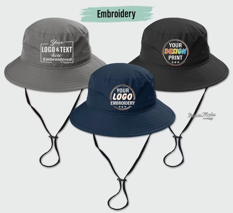 Outdoor Embroidery Logo Adjustable Fisherman Cap Waterproof Nylon Bucket Hat With String