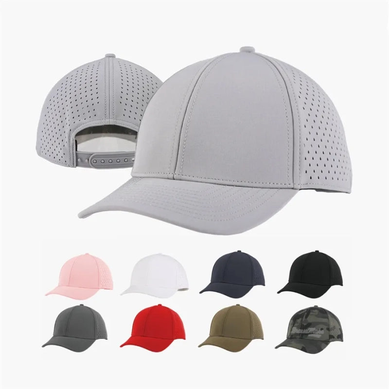 Oem Custom Water Resistant Laser Cut Drilled Hole Perforated Sports Breathable Hat Quick Dry Embroidery Baseball Cap Hats