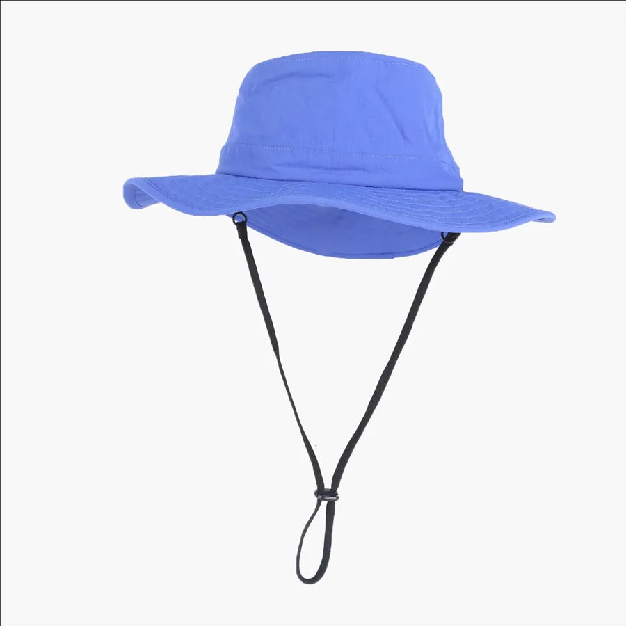 Wholesale wide brim boonie fishing sun hat rubber patch logo custom waterproof laser cut hole bucket hat with string