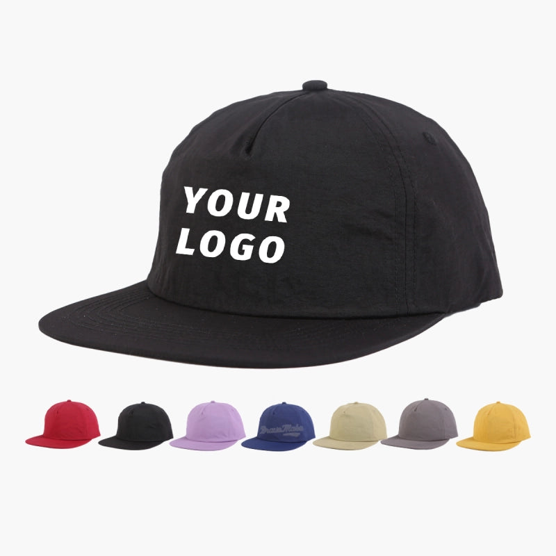 Polyester Flat Brim Waterproof 5 Panel Unstructured Snapback Cap Nylon Waterproof 5 Panel Golf Dad Baseball Hat Custom Logo