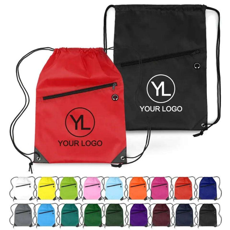 Custom String Nylon Logo Gym Bag Drawstring Bag Front With Zipper Pocket